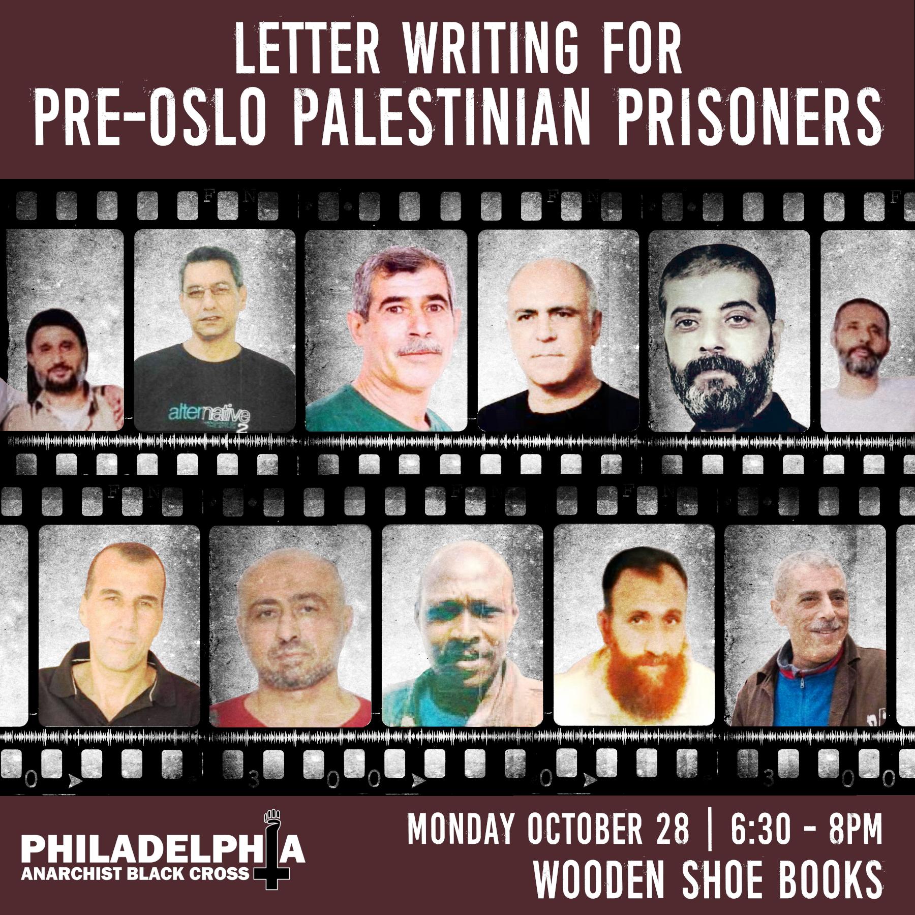 Monday October 28th: Letter-writing for Pre-Oslo Palestinian Prisoners