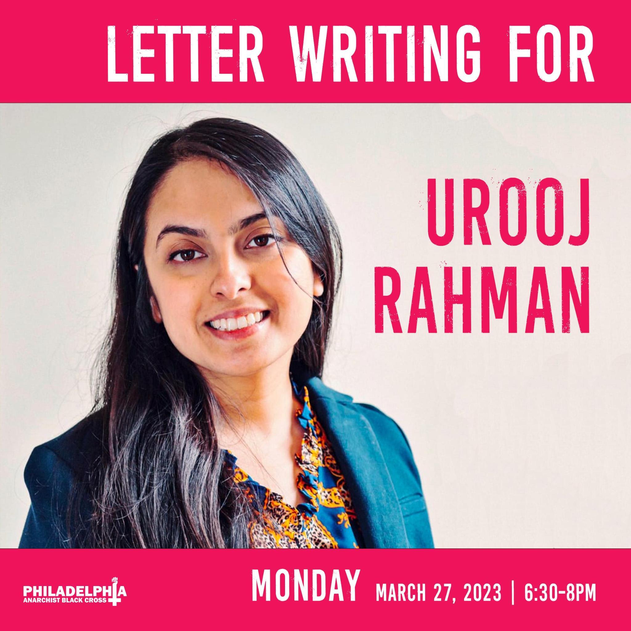 Monday March 27th: Letter-writing for Urooj Rahman